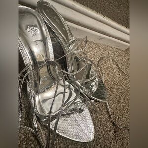 Zara silver metallic pointy toe tie up heels